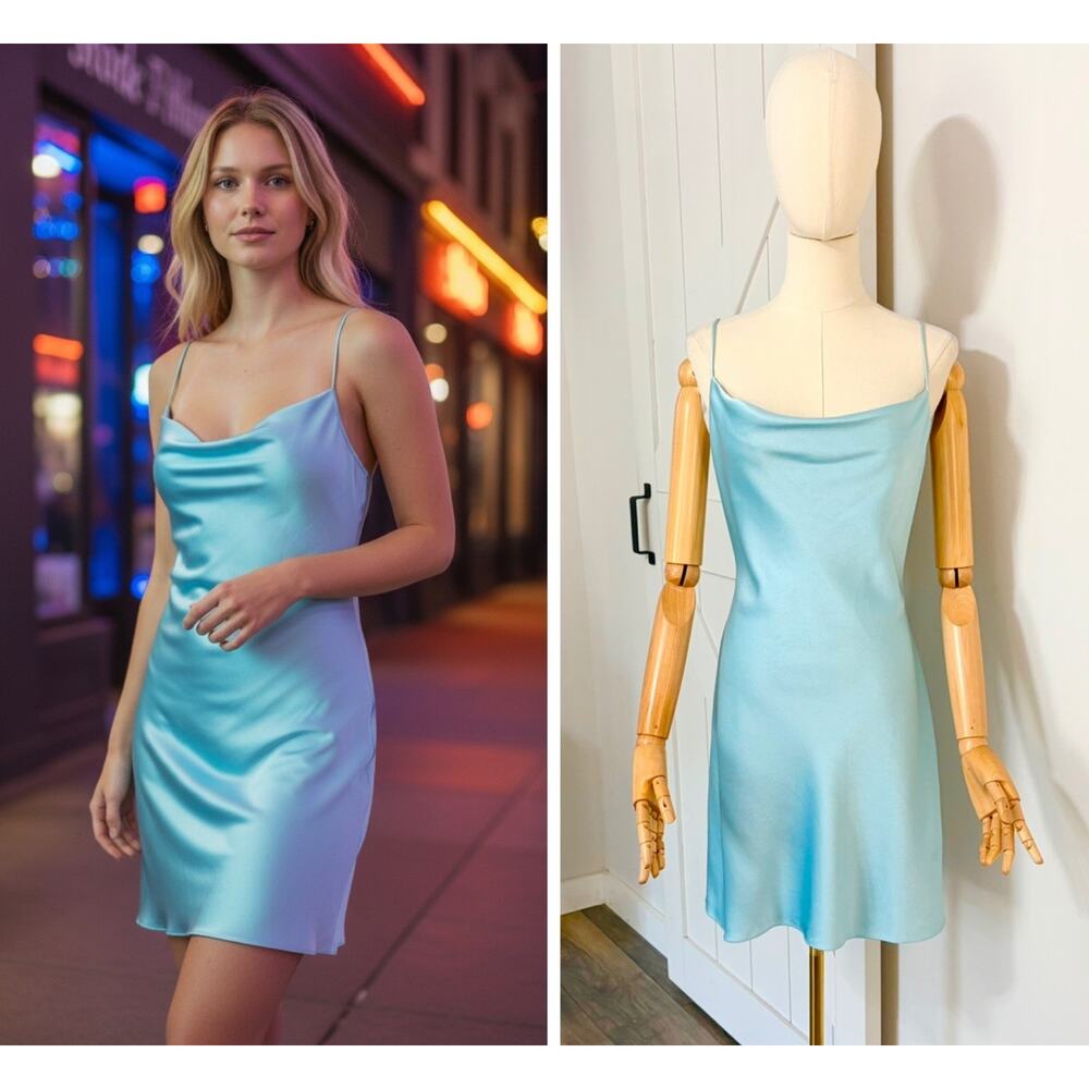 Alice + Olivia Women's Size 12 Satin Cowl Neck Harmony Slip Dress Aqua